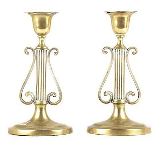A Pair of Regency Style Brass Candlesticks, Height 8 1/8 inches.