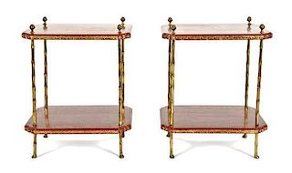 A Pair of Red and Gold-Finished Chinoiserie Two-Tier End Tables, Height 24 x width 19 x depth 19-1/2 inches.
