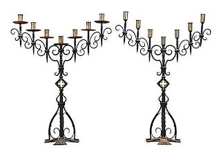 A Pair of Wrought Iron Gothic Revival Seven-Light Candelabra, Height 27 3/4 inches.