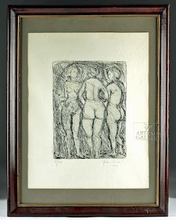 Framed / Signed Italian Engraving - Three Graces, 1973