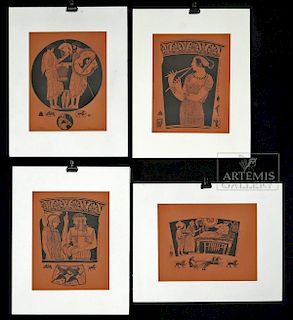 Four Signed Kaloudov Greek Vase Painting Prints - 2002
