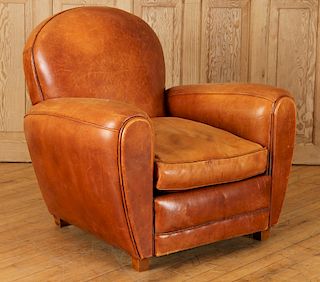 FRENCH LEATHER CLUB CHAIR OF TRADITIONAL FORM