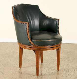 FRENCH LEATHER SWIVEL BERGERE CHAIR WALNUT FRAME
