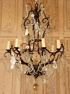 FRENCH IRON CRYSTAL 8 ARM CHANDELIER C.1920