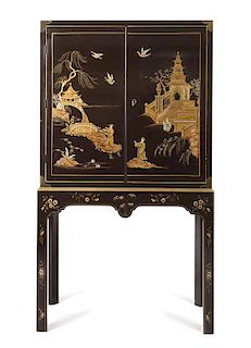 A Baker Collectors Edition Chinese-Style Japanned Cabinet on Stand, Height 68 1/4 x width 38 7/8 x depth 19 3/4 inches.