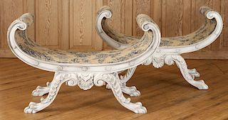 PAIR REGENCY STYLE CARVED CURULE FORM BENCHES