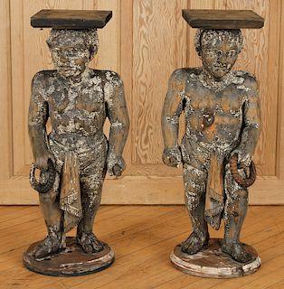 PAIR WOOD CARVED FIGURAL END TABLES C.1900