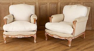 PAIR FRENCH LOUIS XV STYLE BERGERE CHAIRS C. 1940