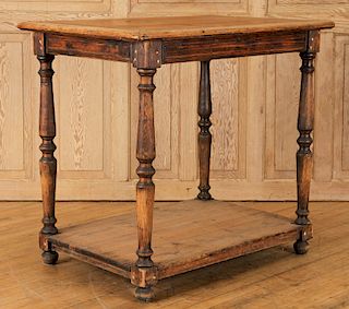 19TH CENT. RUSTIC TWO TIER OAK TABLE MARBLE TOP