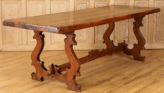 FRENCH WALNUT REFECTORY TABLE SCOLL FORM C.1940