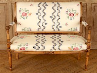 LOUIS XVI STYLE UPHOLSTERED SETTEE CARVED FRAME