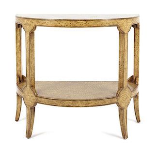 A Demilune Two-tier Faux Ostrich-Covered Side Table, Height 32 x width 36 x depth 19 1/8 inches.