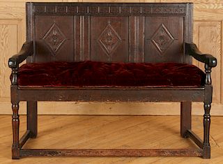 18TH CENT. OAK OPEN ARM HALL BENCH