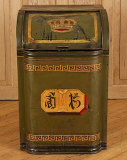 TIN TOLE DECORATED HAMPER WITH PAINTED CROWN