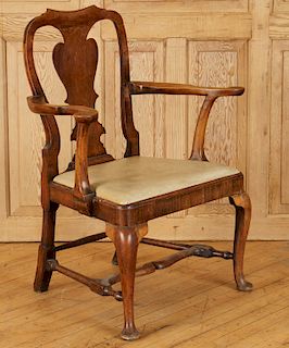 ENGLISH WALNUT QUEEN ANNE UPHOLSTERED ARM CHAIR