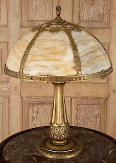 EARLY 20TH C. GILT METAL LAMP SLAG GLASS SHADE