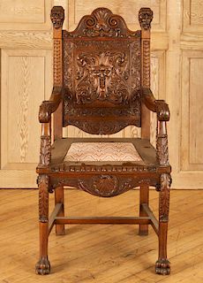 OAK RELIEF CARVED OPEN ARM CHAIR LIONS HEAD 1890