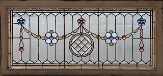 LATE 19TH C. STAINED GLASS TRANSOM WOOD FRAME