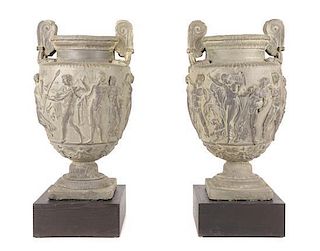 A Pair of Classical Style Plaster Composition Floor Urns, Height 39 x width 23 inches.