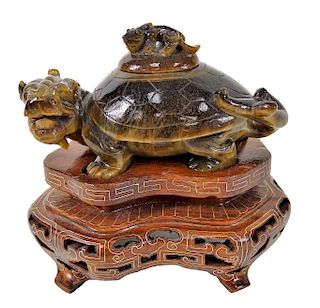 Chinese Tigers Eye Quartz Carved Tortoise Box