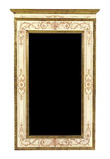 A Gold and Cream Painted Mirror, Height 56 x width 35 1/4 inches.