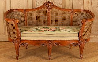 CARVED WOOD CANED SETTEE FLORAL EMBROIDERED SEAT