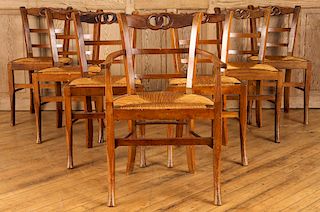 SET 7 FRENCH CHERRY DINING CHAIRS RUSH SEATS 1930