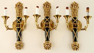 3 BRASS 2-LIGHT WALL SCONCES FRENCH EMPIRE STYLE
