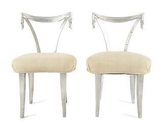 A Pair of Silver Finished Empire Style Side Chairs, Height 33 1/4 x width 21 1/2 x depth 15 1/4 inches.