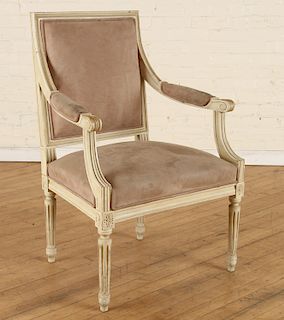 FRENCH LOUIS XVI STYLE UPHOLSTERED OPEN ARM CHAIR