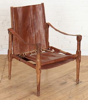 CAMPAIGN STYLE WOOD FRAME CHAIR LEATHER C. 1940