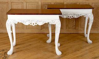 PAIR CARVED PAINTED CONSOLE TABLES PAW FEET