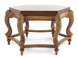 A Planter Style Hardwood Center Table, Height 31 x width 55 1/4 x depth 48 1/2 inches.