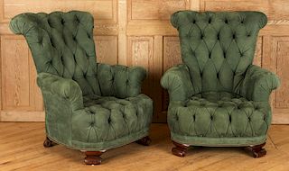PAIR EDWARDIAN STYLE OVERSTUFFED CLUB CHAIRS