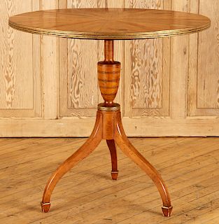 YEW WOOD CENTER TABLE LABELED BAKER TRIPOD LEGS