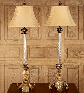 PAIR WOOD GLASS METAL TABLE LAMPS FROM MEXICO
