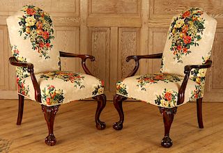 PAIR CHIPPENDALE STYLE UPHOLSTERED ARM CHAIRS