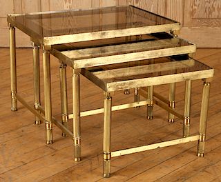 3PC. BRASS AND SMOKED GLASS NESTING TABLE C.1970