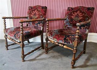 A Pair of Jacobean Style Bobbin-Turned Armchairs, Height 35 x width 24 x depth 21 inches.