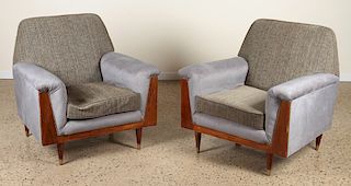PAIR UPHOLSTERED CLUB CHAIRS MAHOGANY FRAME C1960