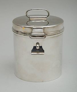 ENGLISH UNADORNED SILVER CYLINDRICAL BISCUIT JAR