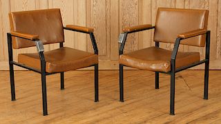 PAIR IRON ARM CHAIRS WITH ASH TRAY LABELED ISA