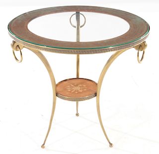 CIRCULAR BRONZE AND GLASS FRENCH END TABLE