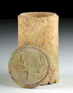 Roman Bone / Stone Lidded Pyxis with Portrait
