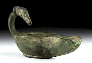 Roman Bronze Oil Lamp with Swan Head Handle