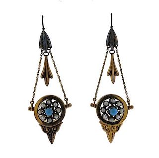 Antique Victorian 14K Gold Pearl Blue Stone Earrings