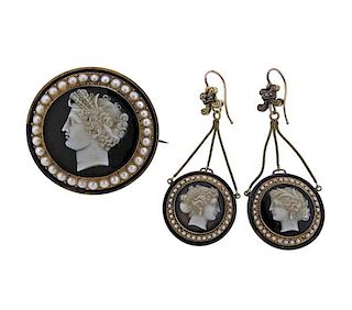 Antique Victorian 14K Gold Cameo Pearl Enamel Brooch Earrings Set