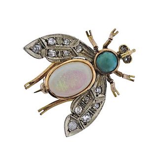 14K Gold Diamond Opal Blue Stone Fly Insect Brooch
