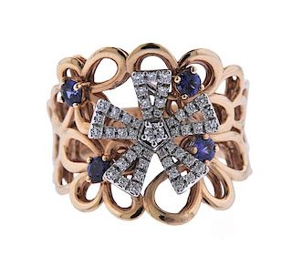 Schroeder 18K Gold Diamond Sapphire Flower Wide Ring