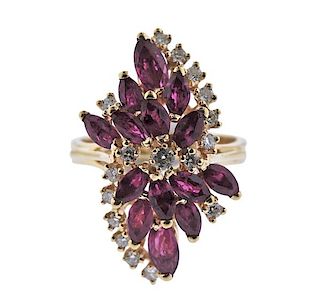 14K Gold Diamond Red Stone Cluster Ring